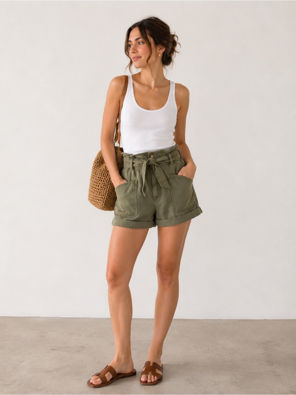 Zara Olive Green Paperbag Waist Shorts Women’s US 4
